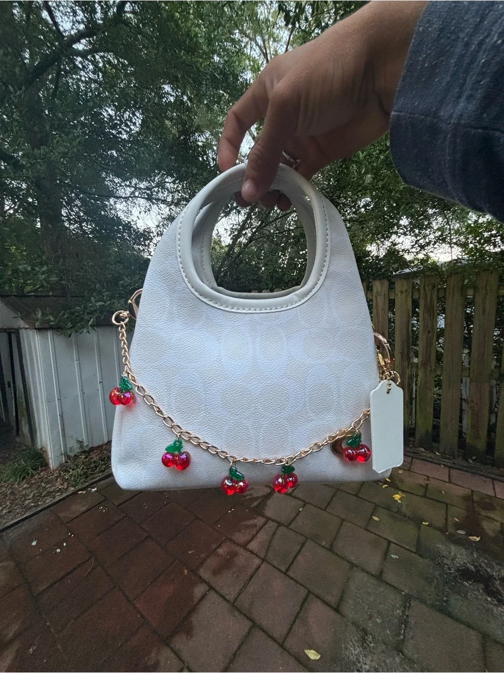 Coach White Shoulder Bag with Cherry Charm Chain